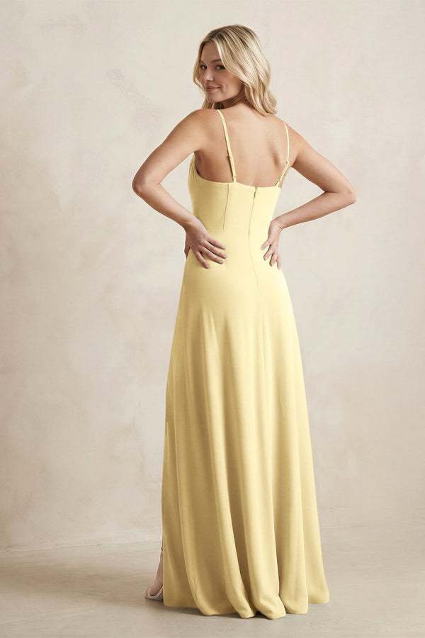 Spaghetti Straps Sheath Satin Bridesmaid Dress With Slit in Pastel Yellow - KissProm Bridesmaid Dresses