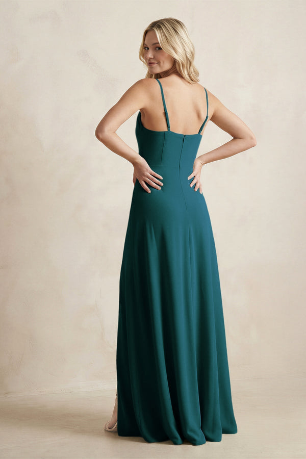 Spaghetti Straps Sheath Satin Bridesmaid Dress With Slit in Pine - KissProm Bridesmaid Dresses