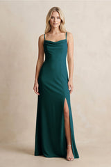 Spaghetti Straps Sheath Satin Bridesmaid Dress With Slit in Pine - KissProm Bridesmaid Dresses