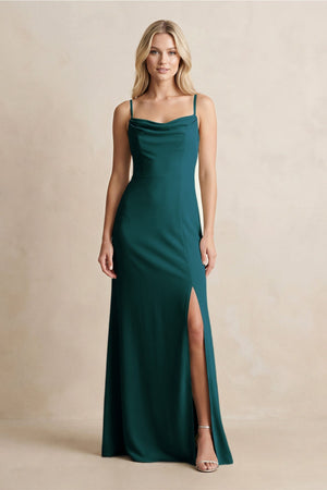 Spaghetti Straps Sheath Satin Bridesmaid Dress With Slit in Pine - KissProm Bridesmaid Dresses