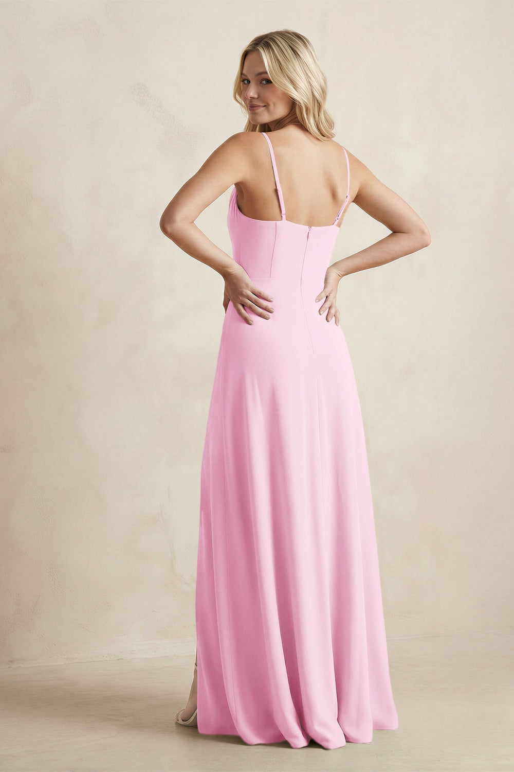 Spaghetti Straps Sheath Satin Bridesmaid Dress With Slit in Pink - KissProm Bridesmaid Dresses