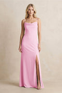 Spaghetti Straps Sheath Satin Bridesmaid Dress With Slit in Pink - KissProm Bridesmaid Dresses