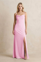 Spaghetti Straps Sheath Satin Bridesmaid Dress With Slit in Pink - KissProm Bridesmaid Dresses