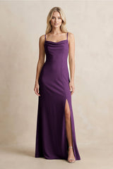 Spaghetti Straps Sheath Satin Bridesmaid Dress With Slit in Plum - KissProm Bridesmaid Dresses