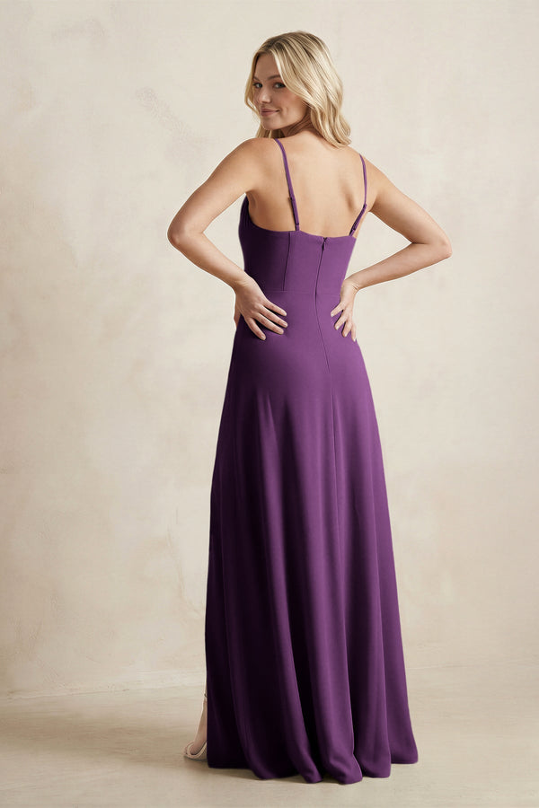 Spaghetti Straps Sheath Satin Bridesmaid Dress With Slit in Plum - KissProm Bridesmaid Dresses