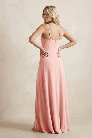 Spaghetti Straps Sheath Satin Bridesmaid Dress With Slit in Rose Petal - KissProm Bridesmaid Dresses
