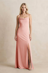 Spaghetti Straps Sheath Satin Bridesmaid Dress With Slit in Rose Petal - KissProm Bridesmaid Dresses