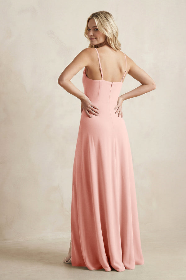 Spaghetti Straps Sheath Satin Bridesmaid Dress With Slit in Rose Petal - KissProm Bridesmaid Dresses