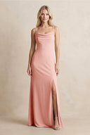 Spaghetti Straps Sheath Satin Bridesmaid Dress With Slit in Rose Petal - KissProm Bridesmaid Dresses