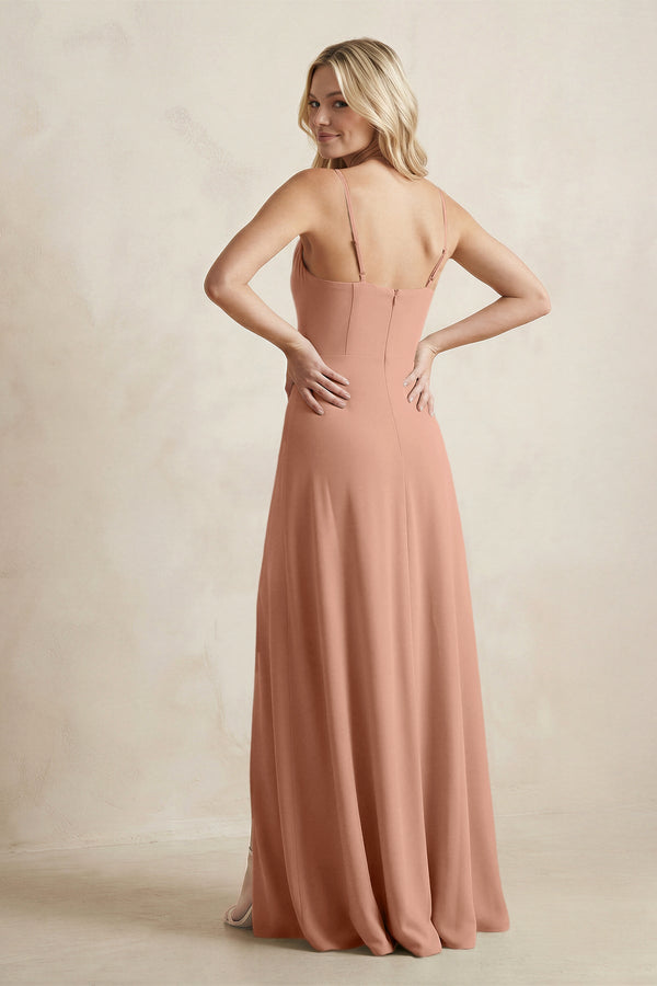 Spaghetti Straps Sheath Satin Bridesmaid Dress With Slit in Rosette - KissProm Bridesmaid Dresses