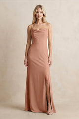 Spaghetti Straps Sheath Satin Bridesmaid Dress With Slit in Rosette - KissProm Bridesmaid Dresses