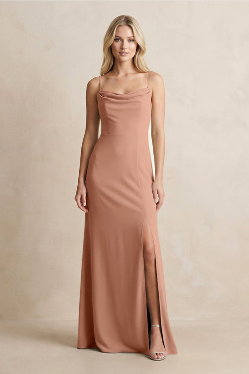 Spaghetti Straps Sheath Satin Bridesmaid Dress With Slit in Rosette - KissProm Bridesmaid Dresses