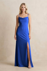 Spaghetti Straps Sheath Satin Bridesmaid Dress With Slit in Royal Blue - KissProm Bridesmaid Dresses
