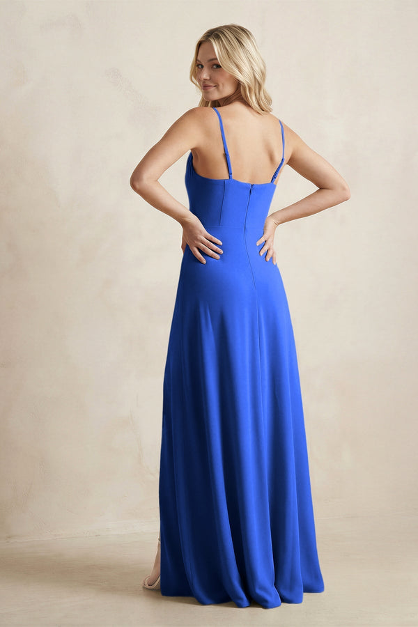 Spaghetti Straps Sheath Satin Bridesmaid Dress With Slit in Royal Blue - KissProm Bridesmaid Dresses