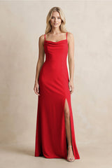 Spaghetti Straps Sheath Satin Bridesmaid Dress With Slit in Ruby Red - KissProm Bridesmaid Dresses