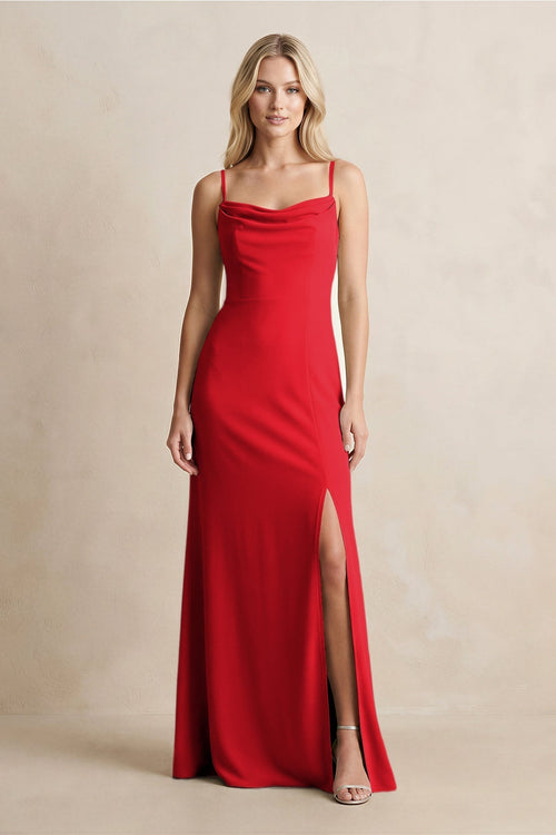 Spaghetti Straps Sheath Satin Bridesmaid Dress With Slit in Ruby Red - KissProm Bridesmaid Dresses