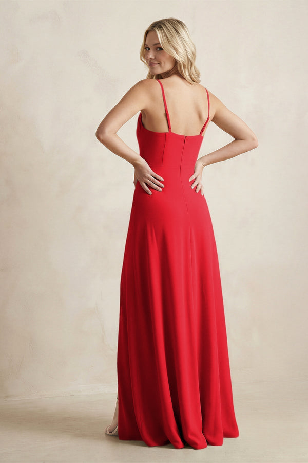 Spaghetti Straps Sheath Satin Bridesmaid Dress With Slit in Ruby Red - KissProm Bridesmaid Dresses