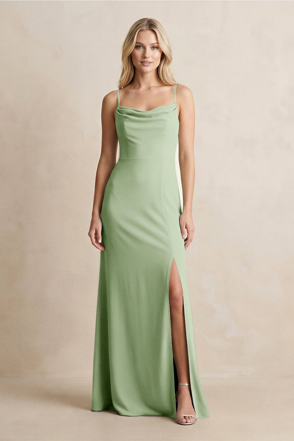 Spaghetti Straps Sheath Satin Bridesmaid Dress With Slit in Sage - KissProm Bridesmaid Dresses