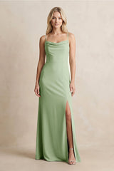 Spaghetti Straps Sheath Satin Bridesmaid Dress With Slit in Sage - KissProm Bridesmaid Dresses
