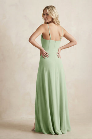 Spaghetti Straps Sheath Satin Bridesmaid Dress With Slit in Sage - KissProm Bridesmaid Dresses