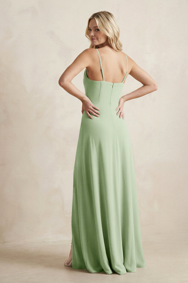 Spaghetti Straps Sheath Satin Bridesmaid Dress With Slit in Sage - KissProm Bridesmaid Dresses