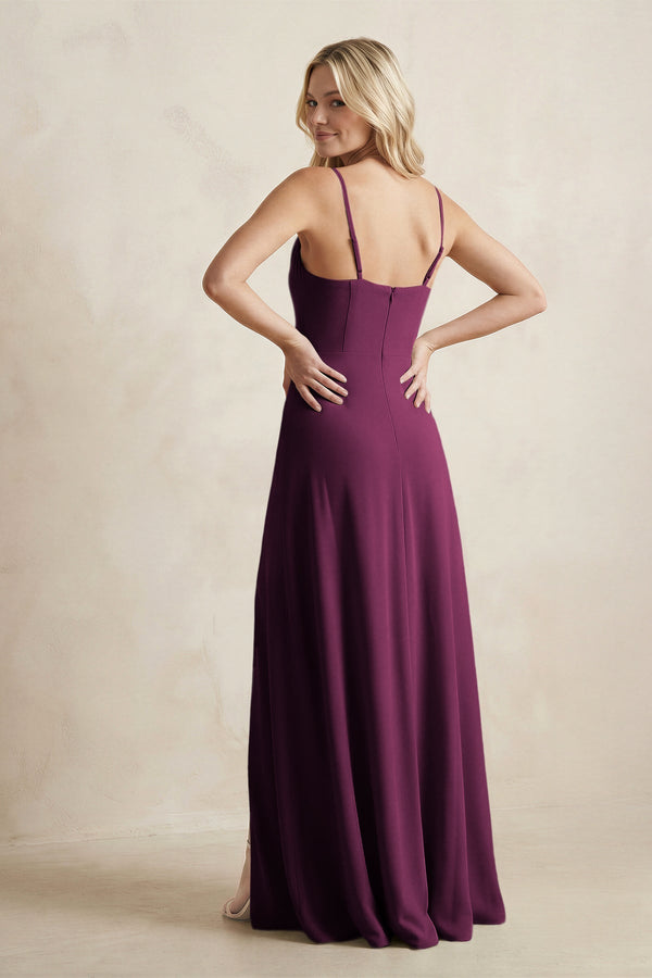 Spaghetti Straps Sheath Satin Bridesmaid Dress With Slit in Sangria - KissProm Bridesmaid Dresses