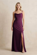 Spaghetti Straps Sheath Satin Bridesmaid Dress With Slit in Sangria - KissProm Bridesmaid Dresses