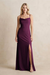 Spaghetti Straps Sheath Satin Bridesmaid Dress With Slit in Sangria - KissProm Bridesmaid Dresses