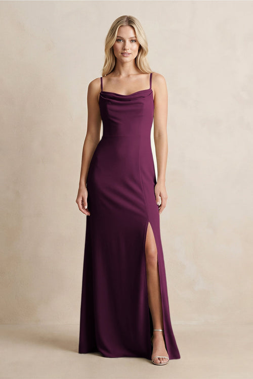 Spaghetti Straps Sheath Satin Bridesmaid Dress With Slit in Sangria - KissProm Bridesmaid Dresses