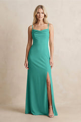 Spaghetti Straps Sheath Satin Bridesmaid Dress With Slit in Sea Glass - KissProm Bridesmaid Dresses