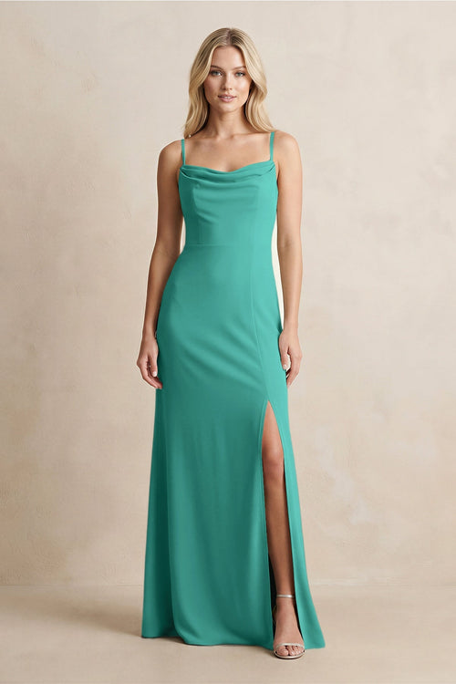 Spaghetti Straps Sheath Satin Bridesmaid Dress With Slit in Sea Glass - KissProm Bridesmaid Dresses