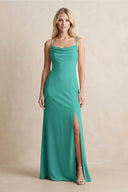 Spaghetti Straps Sheath Satin Bridesmaid Dress With Slit in Sea Glass - KissProm Bridesmaid Dresses