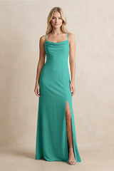 Spaghetti Straps Sheath Satin Bridesmaid Dress With Slit in Sea Glass - KissProm Bridesmaid Dresses