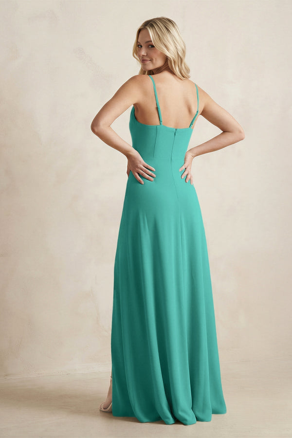 Spaghetti Straps Sheath Satin Bridesmaid Dress With Slit in Sea Glass - KissProm Bridesmaid Dresses
