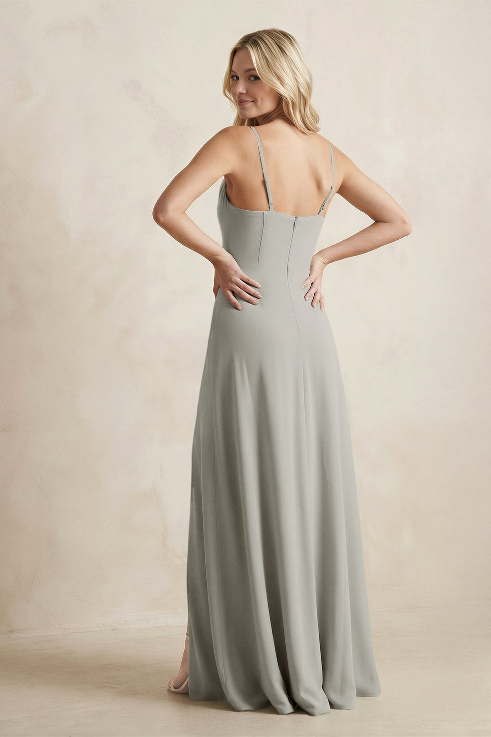 Spaghetti Straps Sheath Satin Bridesmaid Dress With Slit in Silver - KissProm Bridesmaid Dresses