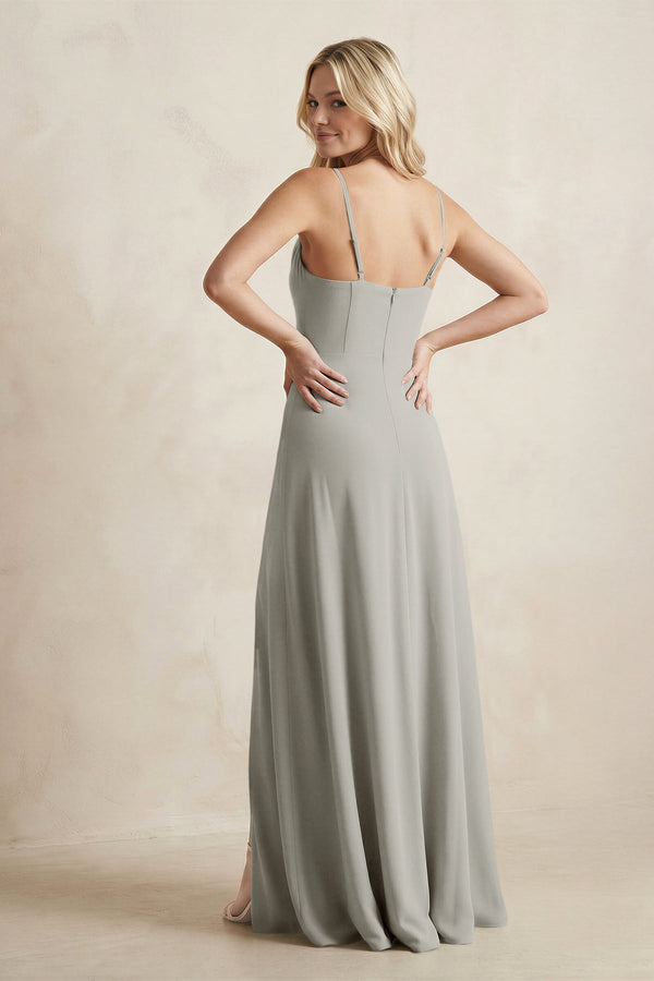 Spaghetti Straps Sheath Satin Bridesmaid Dress With Slit in Silver - KissProm Bridesmaid Dresses