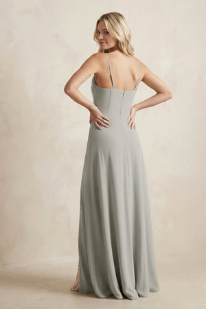 Spaghetti Straps Sheath Satin Bridesmaid Dress With Slit in Silver - KissProm Bridesmaid Dresses