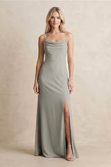 Spaghetti Straps Sheath Satin Bridesmaid Dress With Slit in Silver - KissProm Bridesmaid Dresses