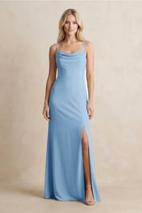 Spaghetti Straps Sheath Satin Bridesmaid Dress With Slit in Sky Blue - KissProm Bridesmaid Dresses