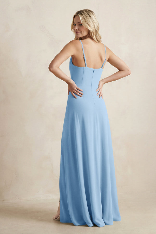 Spaghetti Straps Sheath Satin Bridesmaid Dress With Slit in Sky Blue - KissProm Bridesmaid Dresses