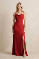 Spaghetti Straps Sheath Satin Bridesmaid Dress With Slit in Spice - KissProm Bridesmaid Dresses