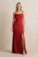 Spaghetti Straps Sheath Satin Bridesmaid Dress With Slit in Spice - KissProm Bridesmaid Dresses