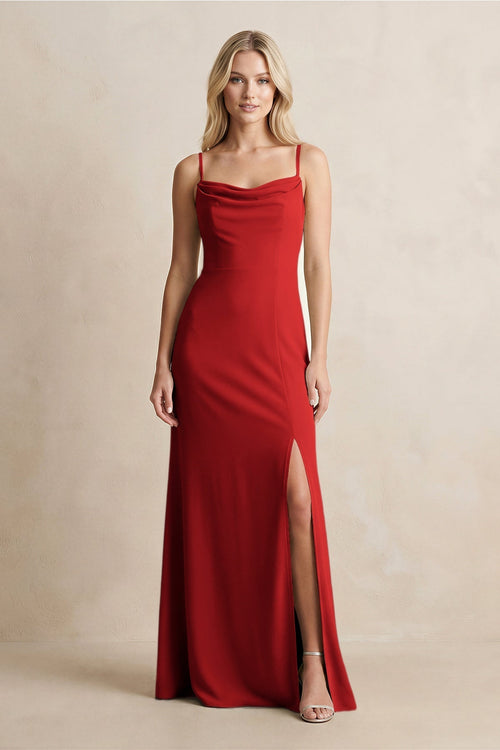 Spaghetti Straps Sheath Satin Bridesmaid Dress With Slit in Spice - KissProm Bridesmaid Dresses