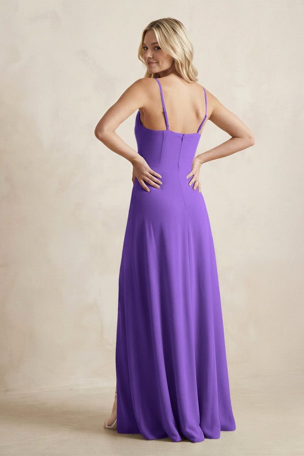 Spaghetti Straps Sheath Satin Bridesmaid Dress With Slit in Tahiti - KissProm Bridesmaid Dresses