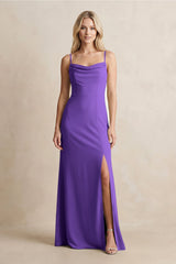 Spaghetti Straps Sheath Satin Bridesmaid Dress With Slit in Tahiti - KissProm Bridesmaid Dresses