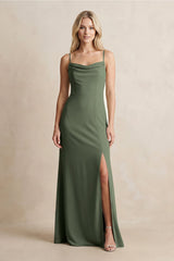 Spaghetti Straps Sheath Satin Bridesmaid Dress With Slit in Thyme - KissProm Bridesmaid Dresses