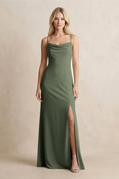Spaghetti Straps Sheath Satin Bridesmaid Dress With Slit in Thyme - KissProm Bridesmaid Dresses