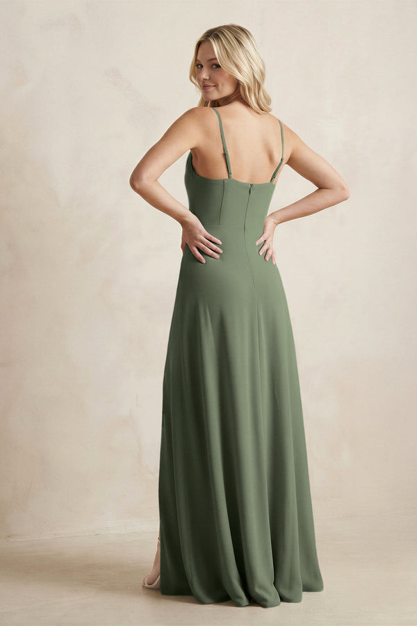Spaghetti Straps Sheath Satin Bridesmaid Dress With Slit in Thyme - KissProm Bridesmaid Dresses