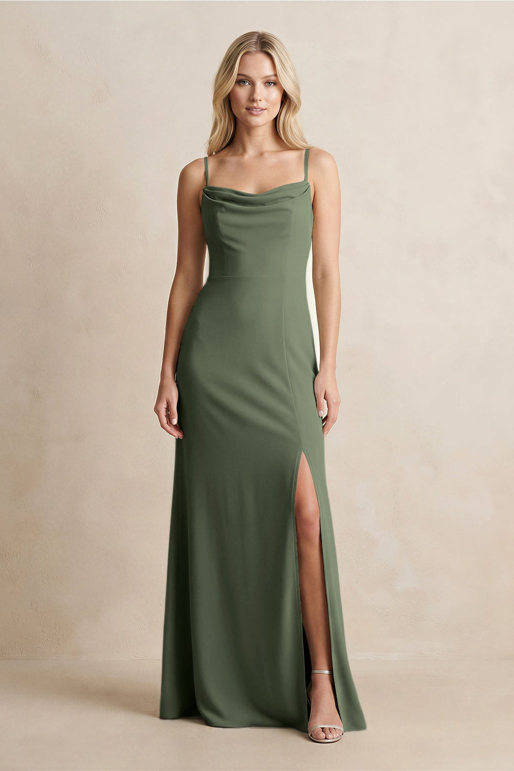 Spaghetti Straps Sheath Satin Bridesmaid Dress With Slit in Thyme - KissProm Bridesmaid Dresses