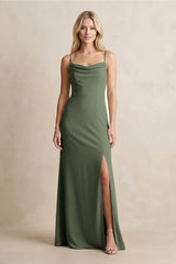 Spaghetti Straps Sheath Satin Bridesmaid Dress With Slit in Thyme - KissProm Bridesmaid Dresses
